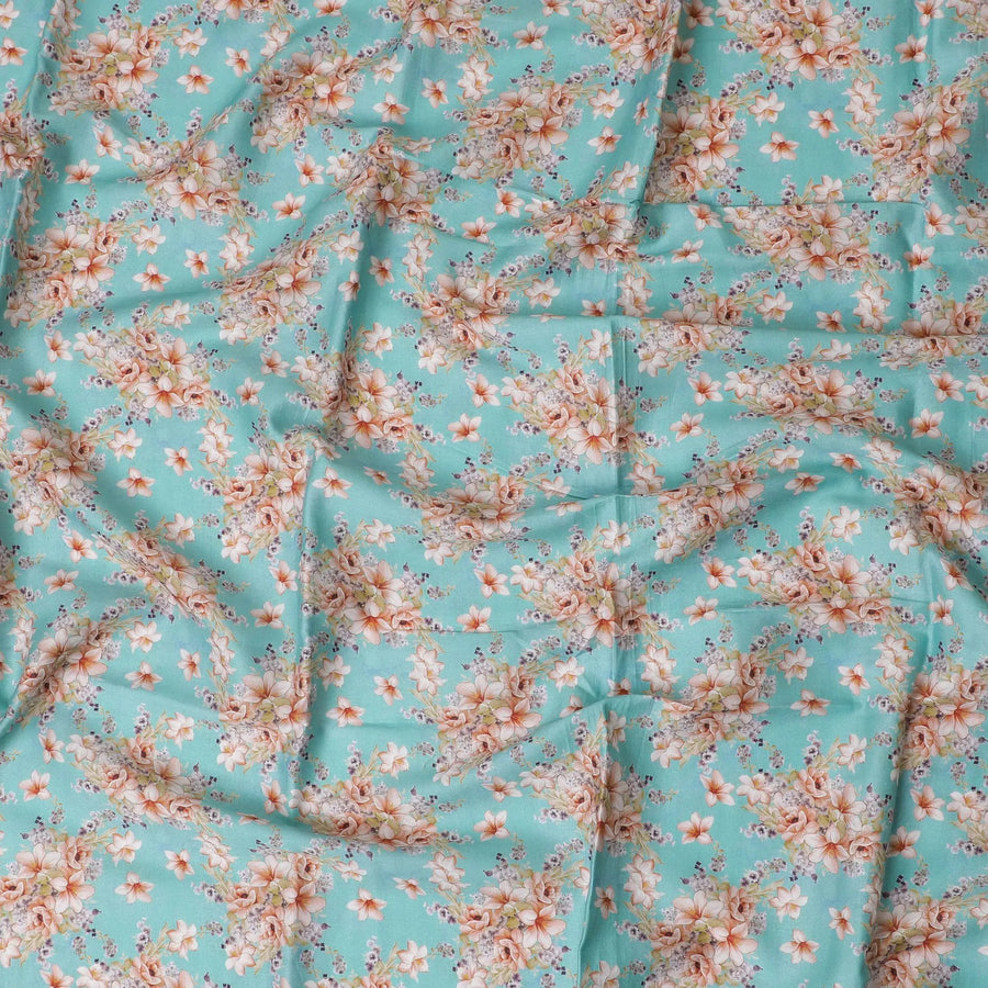 Turquoise blue cotton lawn fabric with multicolor print in floral design-D17390 (1.9 mtrs) Regal Fabrics