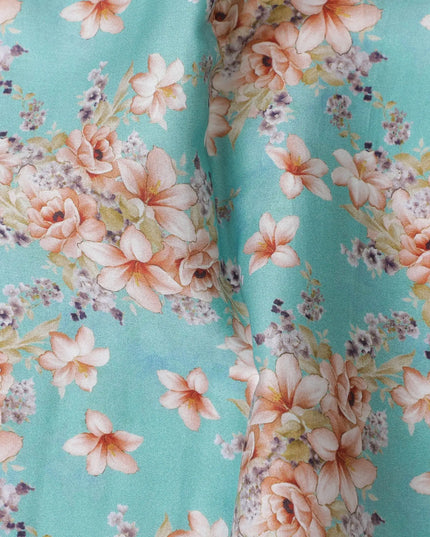 Turquoise blue cotton lawn fabric with multicolor print in floral design-D17390 (1.9 mtrs) Regal Fabrics