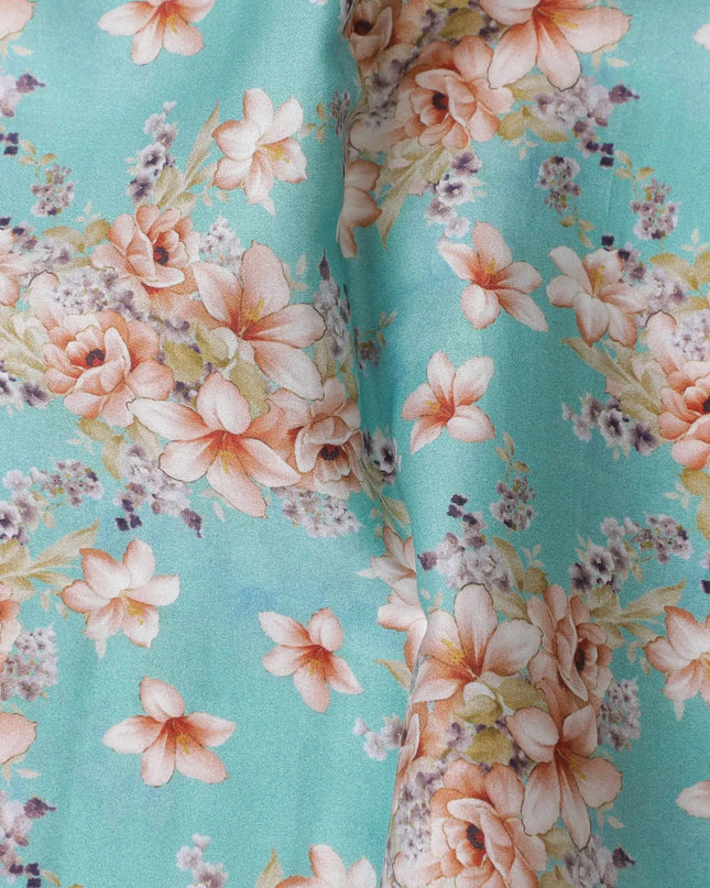 Turquoise blue cotton lawn fabric with multicolor print in floral design-D17390 (1.9 mtrs) Regal Fabrics