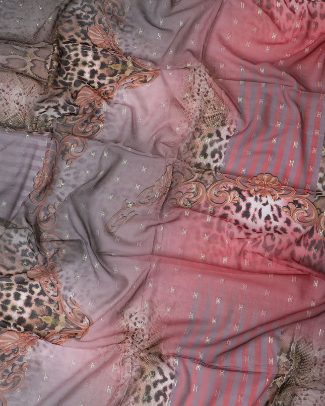 قماش فوال قطني باللون البني والأحمر القرميدي مع طباعة بنية في تصميم سلك مشبك - D17391 (1.55 متر)