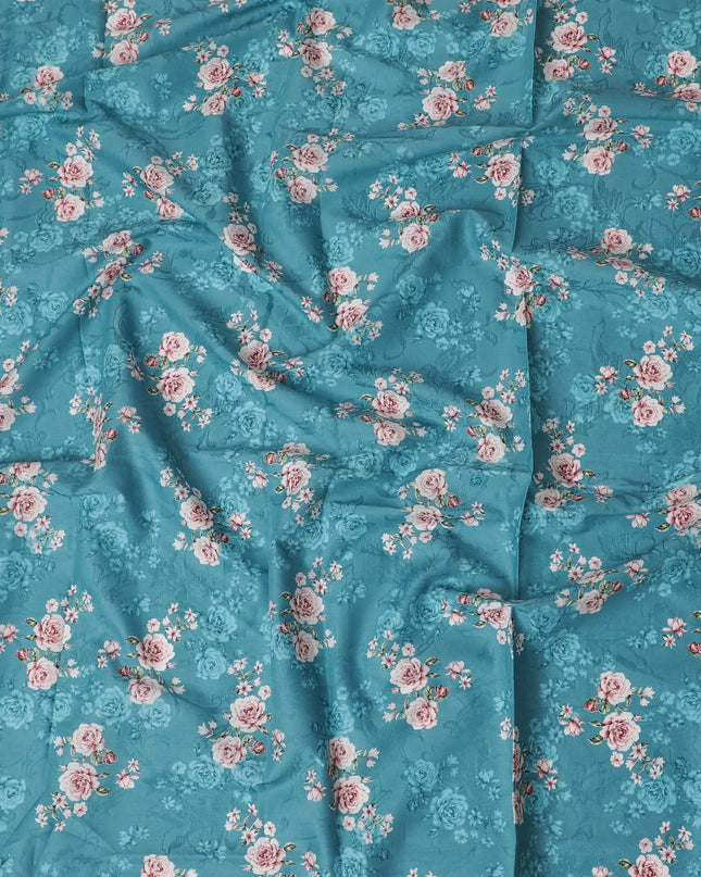 Tiffany blue cotton lawn fabric with multicolor print in floral design-D17392 (1.6 mtrs) Regal Fabrics