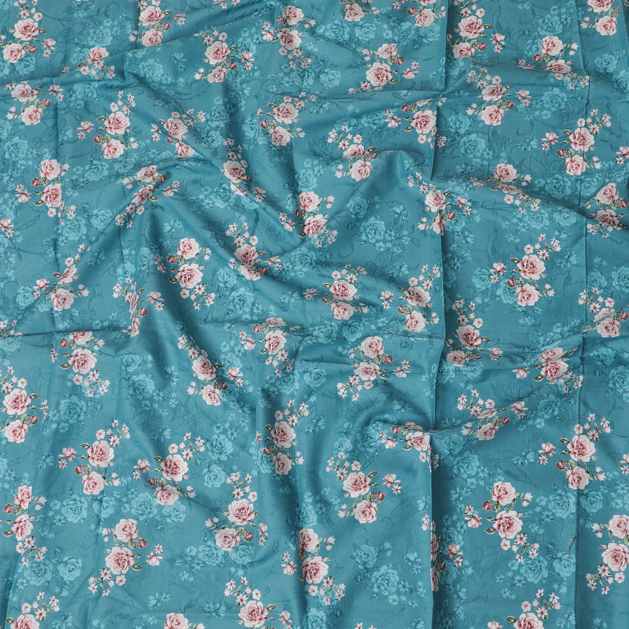 Tiffany blue cotton lawn fabric with multicolor print in floral design-D17392 (1.6 mtrs)