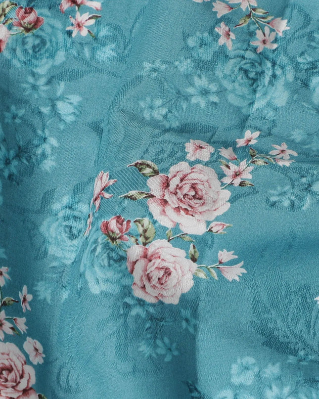 Tiffany blue cotton lawn fabric with multicolor print in floral design-D17392 (1.6 mtrs) Regal Fabrics