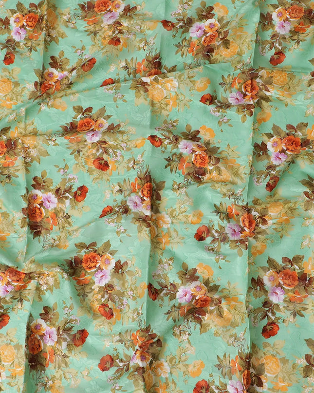 Sage green uragiri cotton fabric with same tone jacquard having multicolor print in floral design-D17393 (1.8 mtrs) Regal Fabrics
