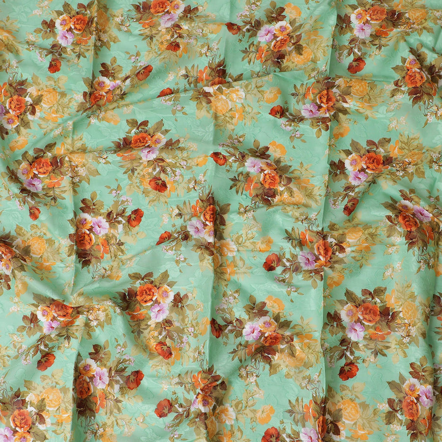 قماش قطن Uragiri أخضر اللون مع جاكار بنفس اللون مع طباعة متعددة الألوان بتصميم زهور -D17393 (1.8 متر)