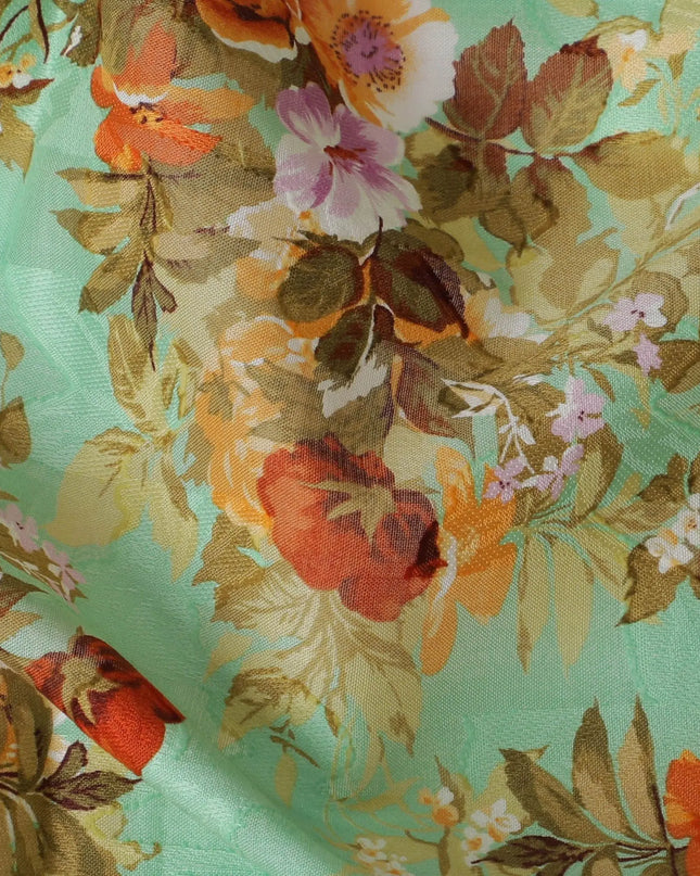 Sage green uragiri cotton fabric with same tone jacquard having multicolor print in floral design-D17393 (1.8 mtrs) Regal Fabrics