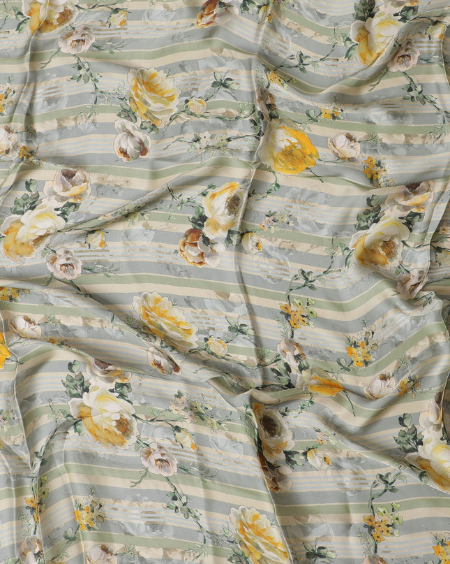 قماش ساتان صناعي أخضر لوريل مع طباعة متعددة الألوان بتصميم زهور-D17395 (1.65 متر)