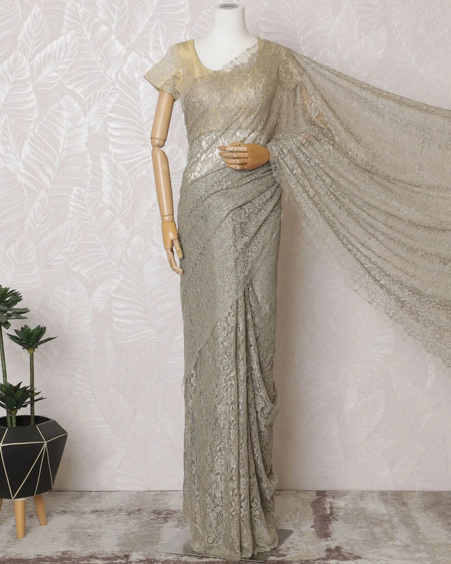 Glistening Silver Lace Saree: Exquisite French Craftsmanship, Excludes Blouse-D17448 Regal Fabrics