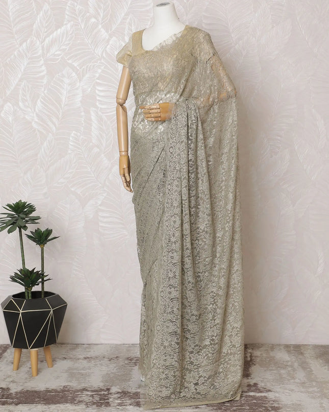 Glistening Silver Lace Saree: Exquisite French Craftsmanship, Excludes Blouse-D17448 Regal Fabrics