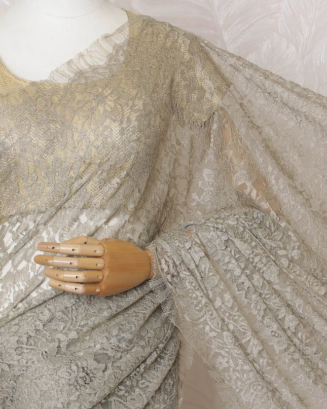 Glistening Silver Lace Saree: Exquisite French Craftsmanship, Excludes Blouse-D17448 Regal Fabrics