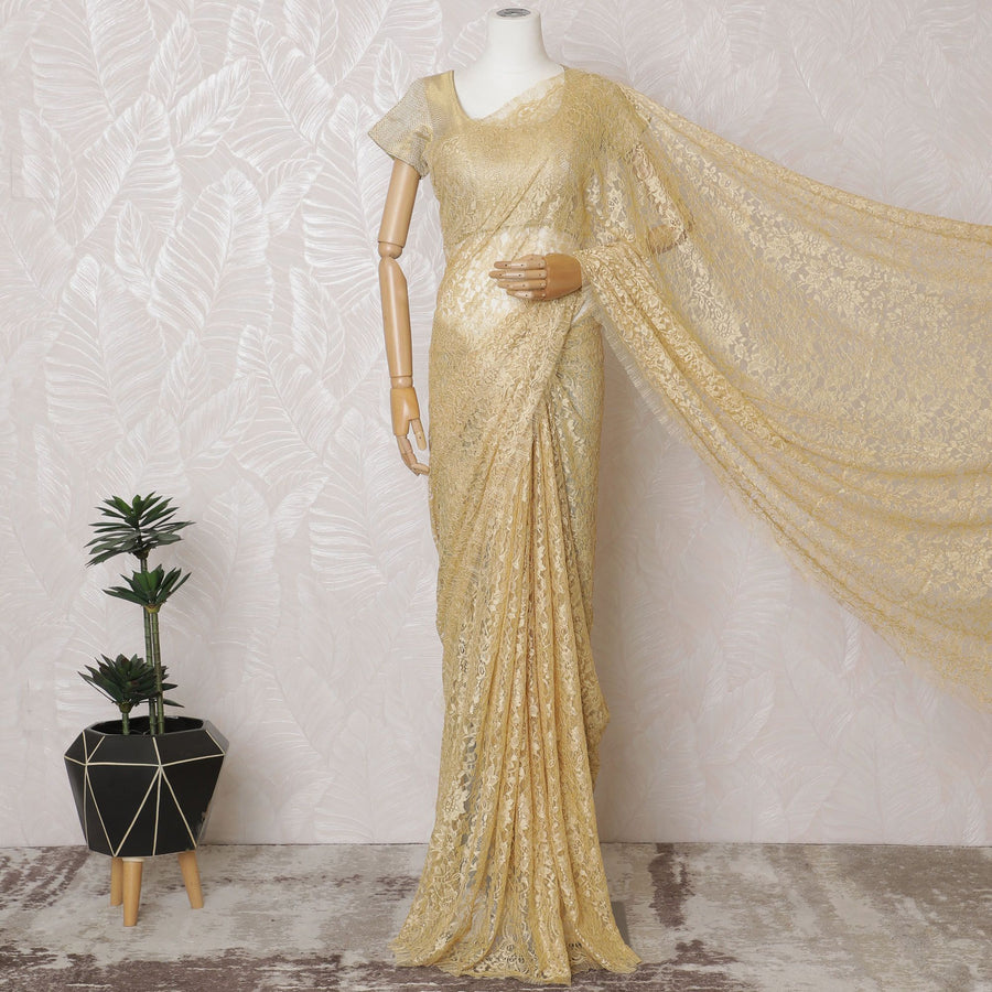 ساري دانتيل فرنسي من Golden Aura: نسيج فاخر بدون قطعة بلوزة-D17449