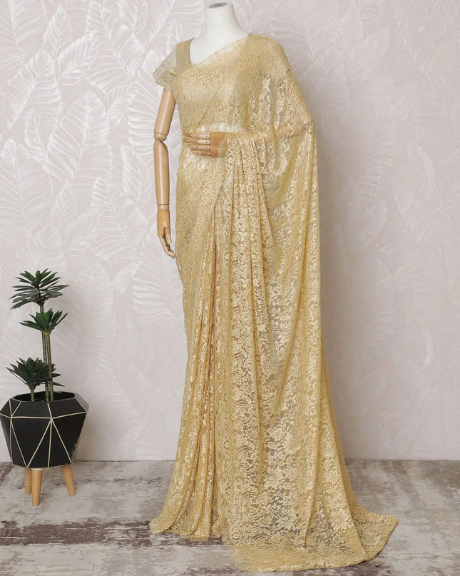 Golden Aura French Lace Saree: Luxurious Textures Without Blouse Piece-D17449 Regal Fabrics