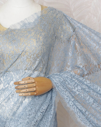 Serenity Blue French Lace Saree: Exuding Elegance, Blouse Not Included-D17450