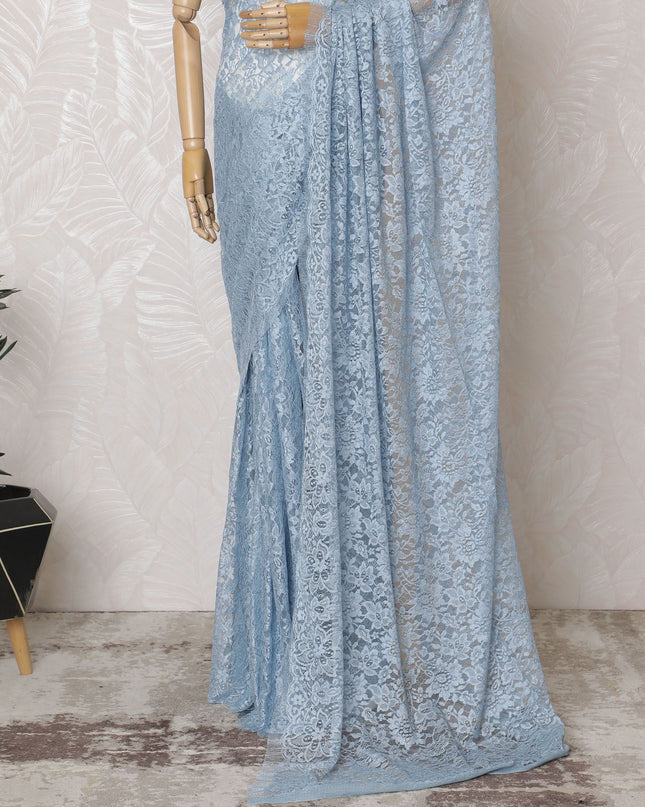 Serenity Blue French Lace Saree: Exuding Elegance, Blouse Not Included-D17450