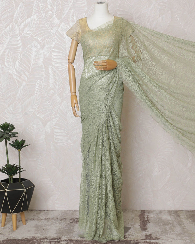 Verdant Olive Lace Saree: French Luxury Weave, Blouse Not Included-D17451