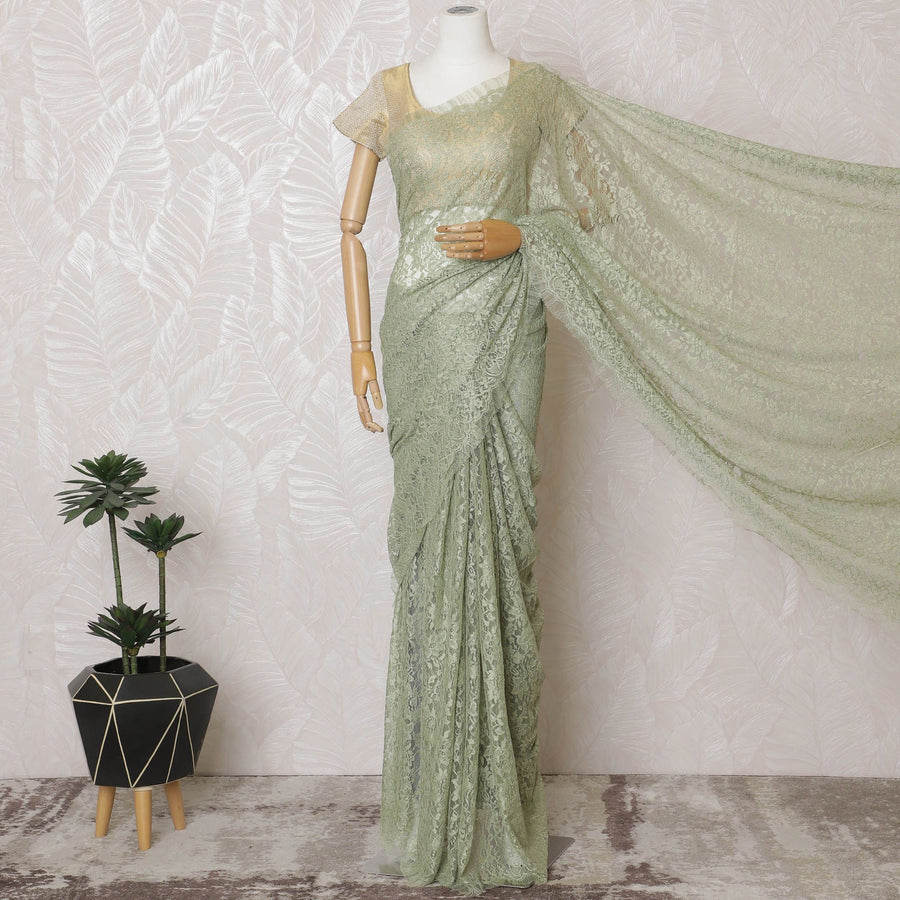 Verdant Olive Lace Saree: French Luxury Weave, Blouse Not Included-D17451
