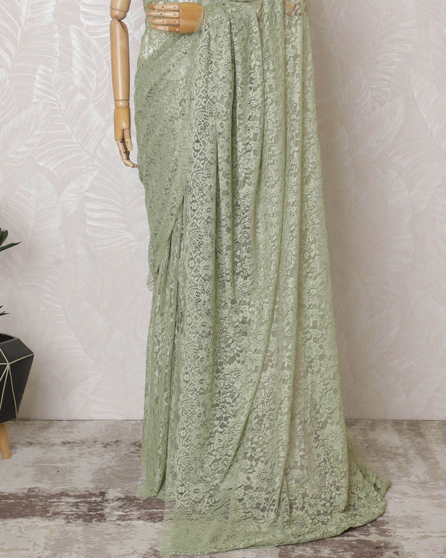 Verdant Olive Lace Saree: French Luxury Weave, Blouse Not Included-D17451