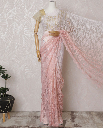 Blushing Pink Ombre Lace Saree: French Textile Art, No Blouse Piece Included-D17459