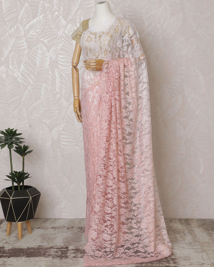 Blushing Pink Ombre Lace Saree: French Textile Art, No Blouse Piece Included-D17459
