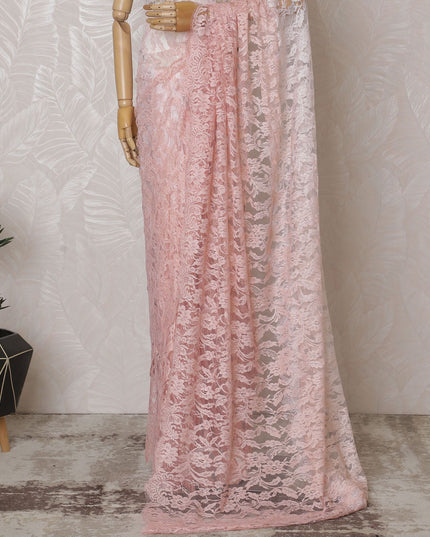 Blushing Pink Ombre Lace Saree: French Textile Art, No Blouse Piece Included-D17459
