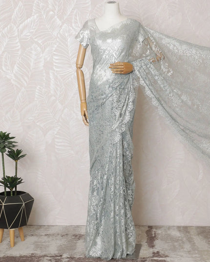 Gleaming Pewter Metallic Lace Saree: French Artisanal Beauty, No Blouse Included-D17467 Regal Fabrics