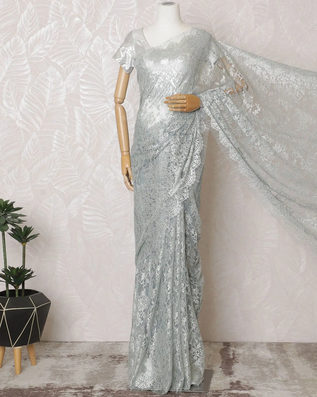Gleaming Pewter Metallic Lace Saree: French Artisanal Beauty, No Blouse Included-D17467 Regal Fabrics