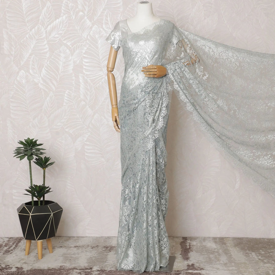 Gleaming Pewter Metallic Lace Saree: French Artisanal Beauty, No Blouse Included-D17467 Regal Fabrics