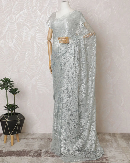 Gleaming Pewter Metallic Lace Saree: French Artisanal Beauty, No Blouse Included-D17467 Regal Fabrics