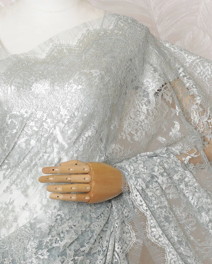 Gleaming Pewter Metallic Lace Saree: French Artisanal Beauty, No Blouse Included-D17467 Regal Fabrics
