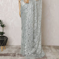 Gleaming Pewter Metallic Lace Saree: French Artisanal Beauty, No Blouse Included-D17467 Regal Fabrics