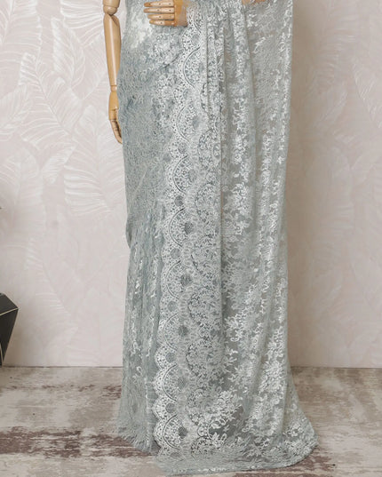 Gleaming Pewter Metallic Lace Saree: French Artisanal Beauty, No Blouse Included-D17467 Regal Fabrics
