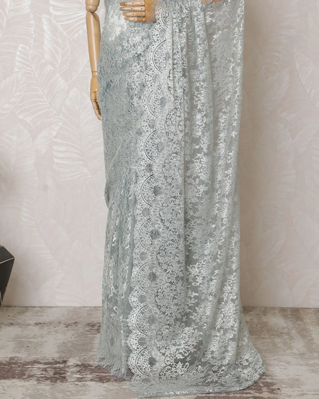 Gleaming Pewter Metallic Lace Saree: French Artisanal Beauty, No Blouse Included-D17467 Regal Fabrics