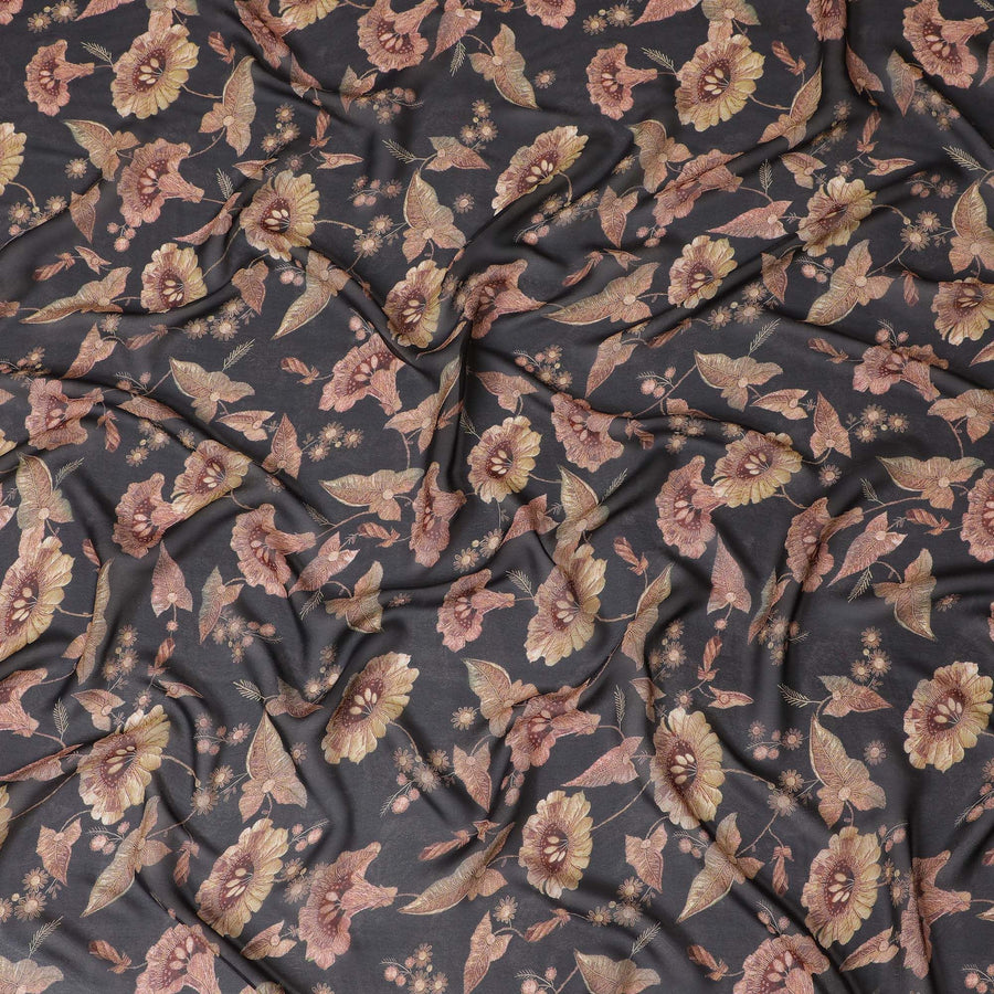 قماش جورجيت صناعي أنيق مزين بالزهور باللون الأسود-D17524