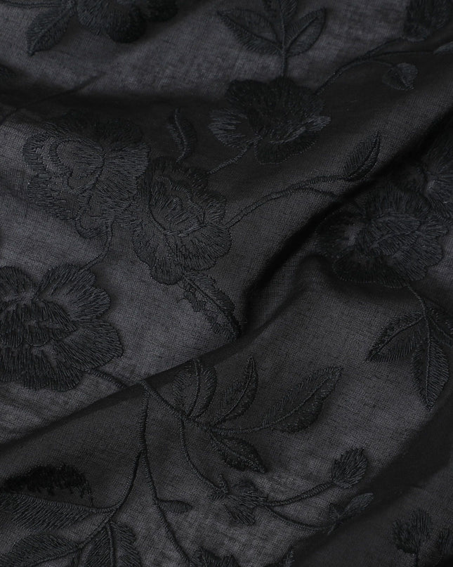 Black Cotton Voile Fabric: Luxurious Embroidery from India-D17577