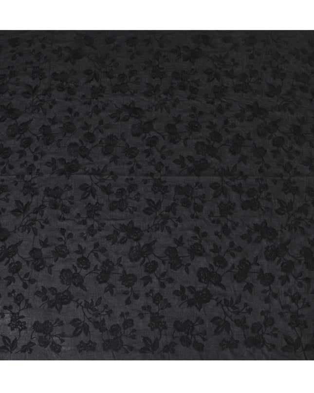 Black Cotton Voile Fabric: Luxurious Embroidery from India-D17577