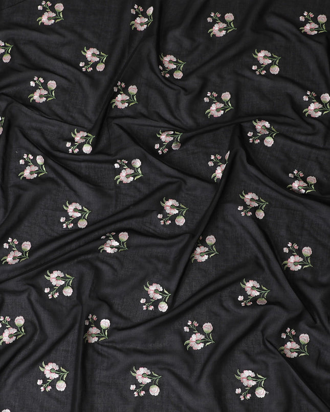 Black Florals Cotton Voile Fabric: Embroidered Perfection-D17580