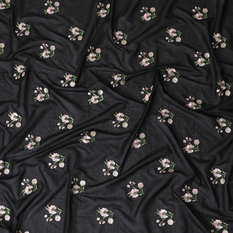 Black Florals Cotton Voile Fabric: Embroidered Perfection-D17580