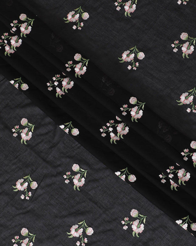 Black Florals Cotton Voile Fabric: Embroidered Perfection-D17580