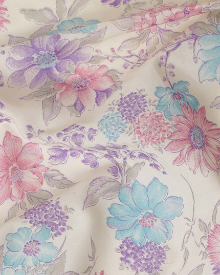 Cream Cotton Voile Fabric: A Tapestry of Florals-D17596