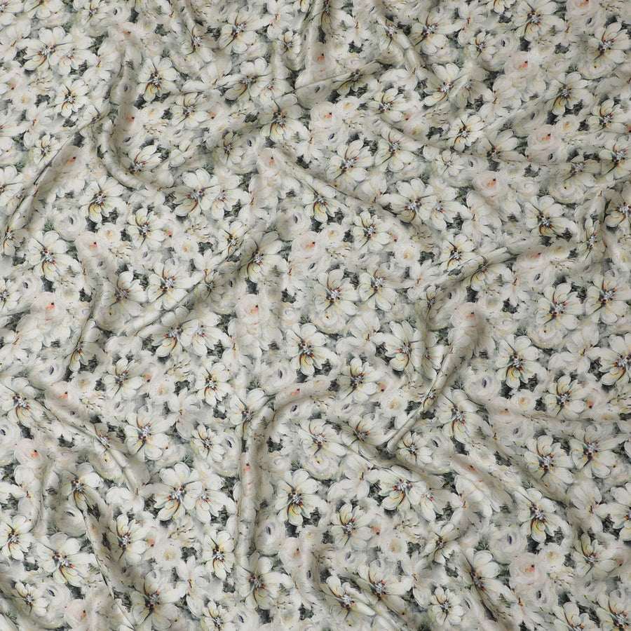 قماش ساتان حريري مطبوع عليه زهور عاجية - تصميم رائع، 110 سم، مصنوع في الهند-D17702