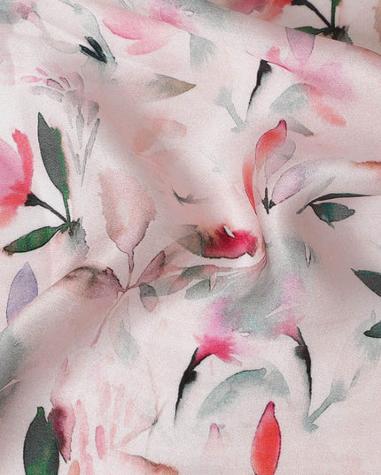 Pink Blossom Silk Satin Fabric - Floral Elegance, 110cm Width, Authentic Indian Silk-D17708