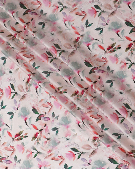 Pink Blossom Silk Satin Fabric - Floral Elegance, 110cm Width, Authentic Indian Silk-D17708