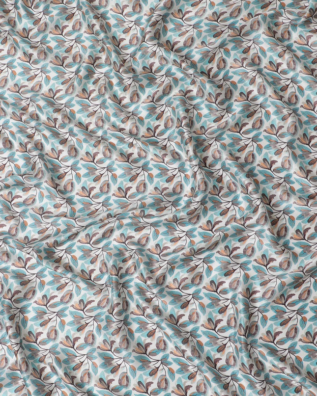 قماش ساتان حريري مطبوع عليه أوراق أكوا - تصميم مستوحى من الطبيعة، عرض 110 سم، مصنوع في الهند-D17711