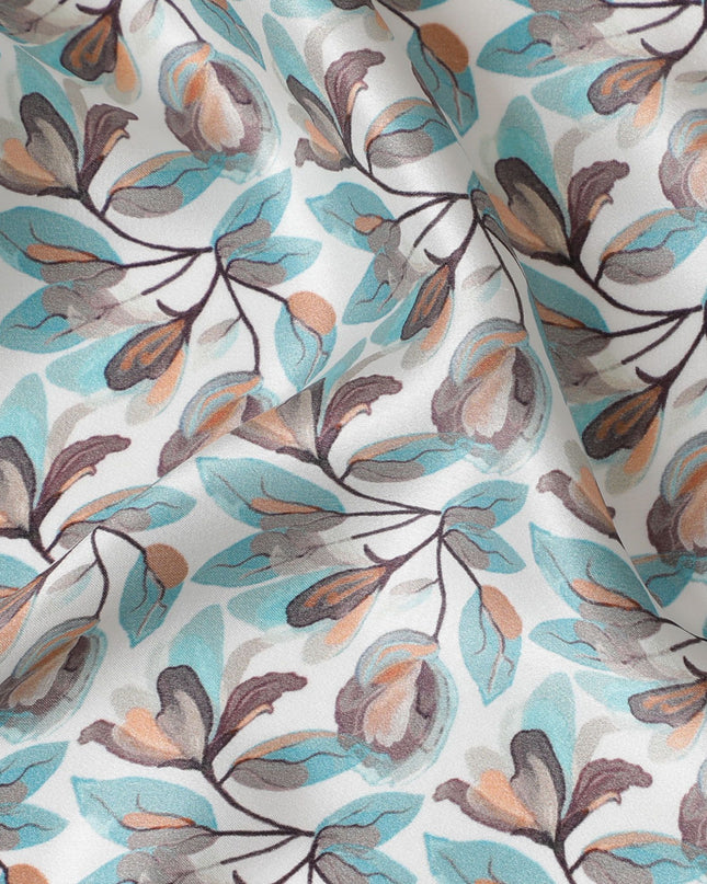 قماش ساتان حريري مطبوع عليه أوراق أكوا - تصميم مستوحى من الطبيعة، عرض 110 سم، مصنوع في الهند-D17711