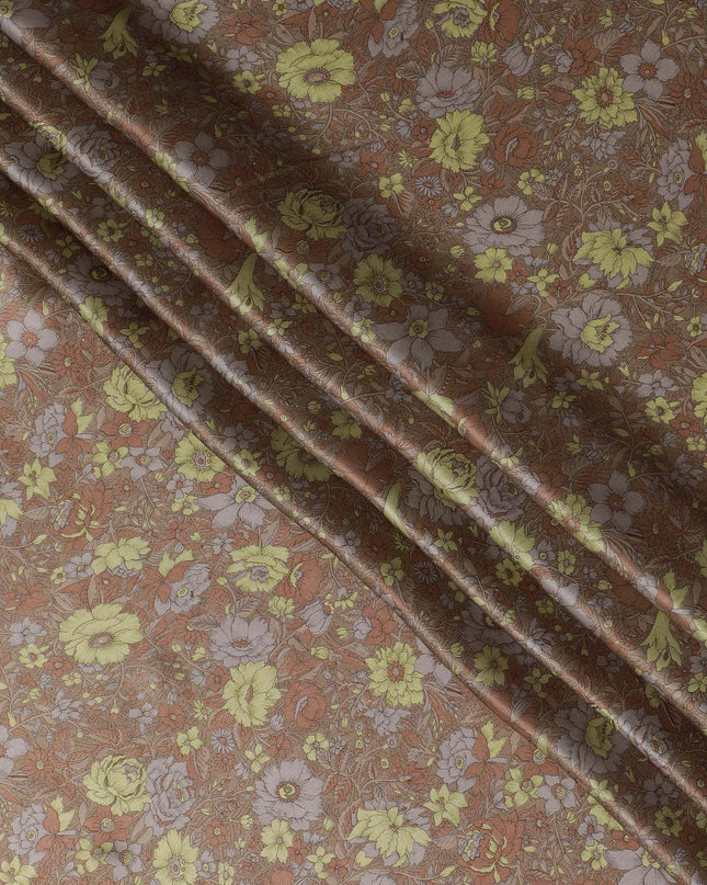 قماش فلورا باونتي حرير ساتان - طباعة زهور عتيقة، عرض 110 سم، أناقة هندية الصنع-D17715