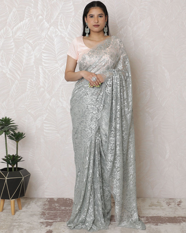 Silver Metallic Lace Saree with Elegant Stonework, French Design, 110cm Width, 5.5m Length – Blouse Not Included-D17864