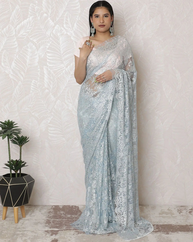 Luxurious Silver Metallic Lace Powder Blue Saree with Stonework, French Craftsmanship, 110cm Width, 5.5m Length â€“ Blouse Not Included-D17865 Regal Fabrics