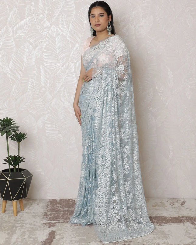 Luxurious Silver Metallic Lace Powder Blue Saree with Stonework, French Craftsmanship, 110cm Width, 5.5m Length â€“ Blouse Not Included-D17865 Regal Fabrics