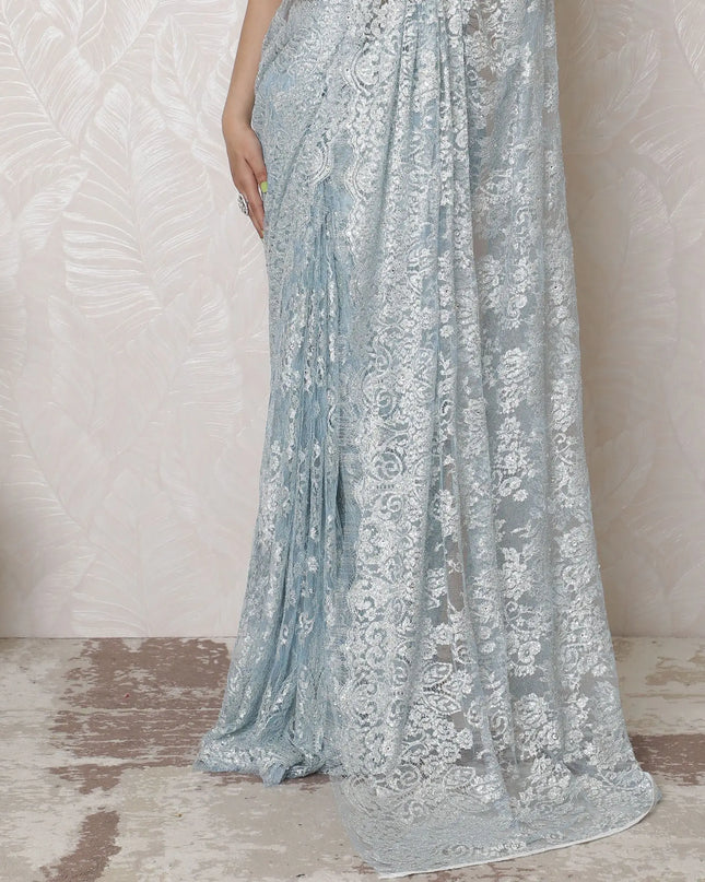Luxurious Silver Metallic Lace Powder Blue Saree with Stonework, French Craftsmanship, 110cm Width, 5.5m Length â€“ Blouse Not Included-D17865 Regal Fabrics
