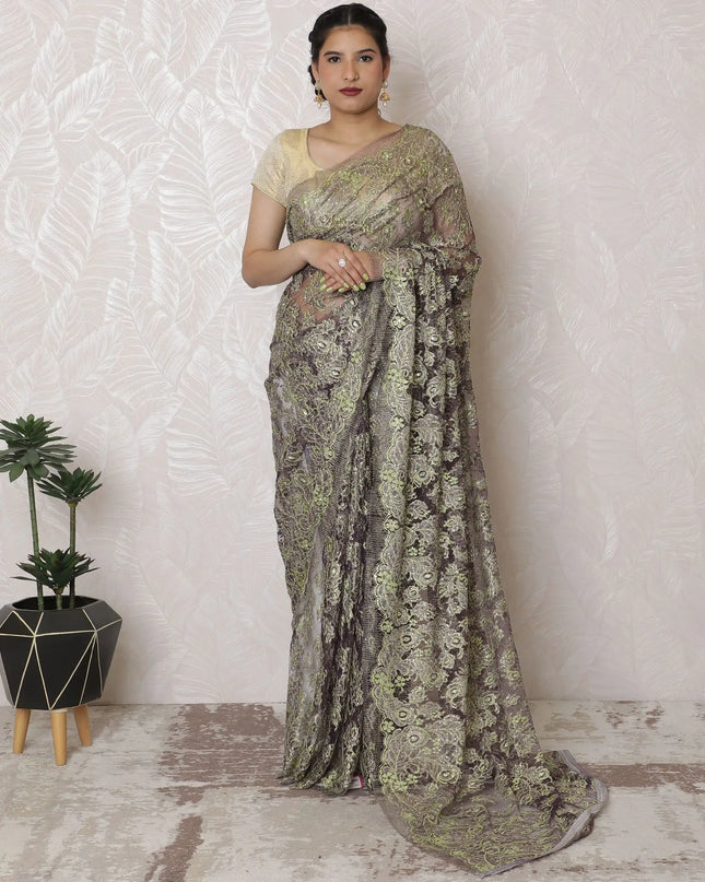 Elegant Olive-Green Metallic Lace Saree, French-Inspired, 110cm, Sparkling Stone Embellishments, 5.5m – Exclusive Blouse Not Included-D17867 Regal Fabrics